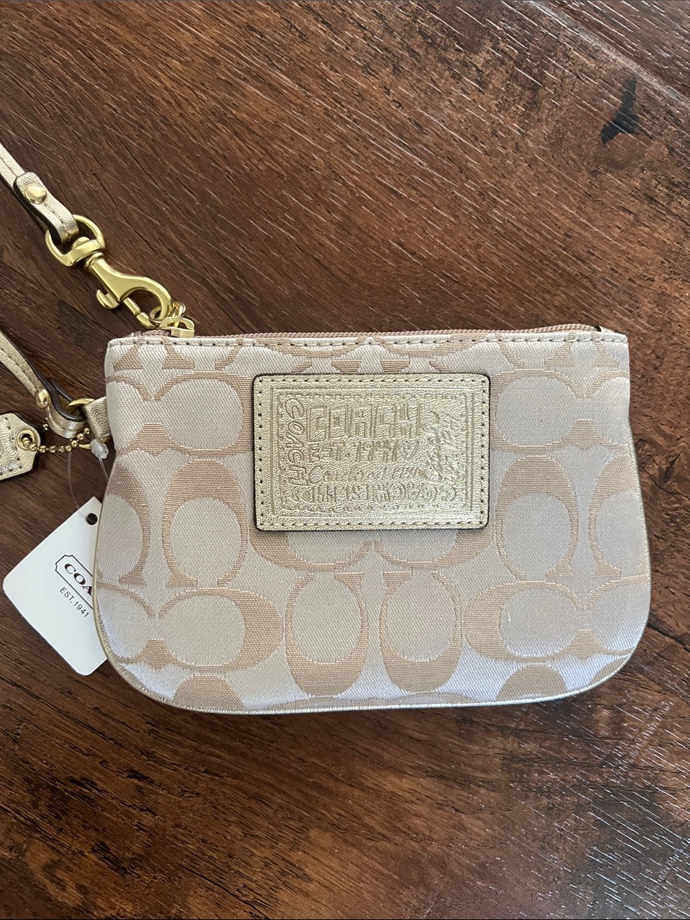 Coach Beige Signature Wristlet with Gold Patch